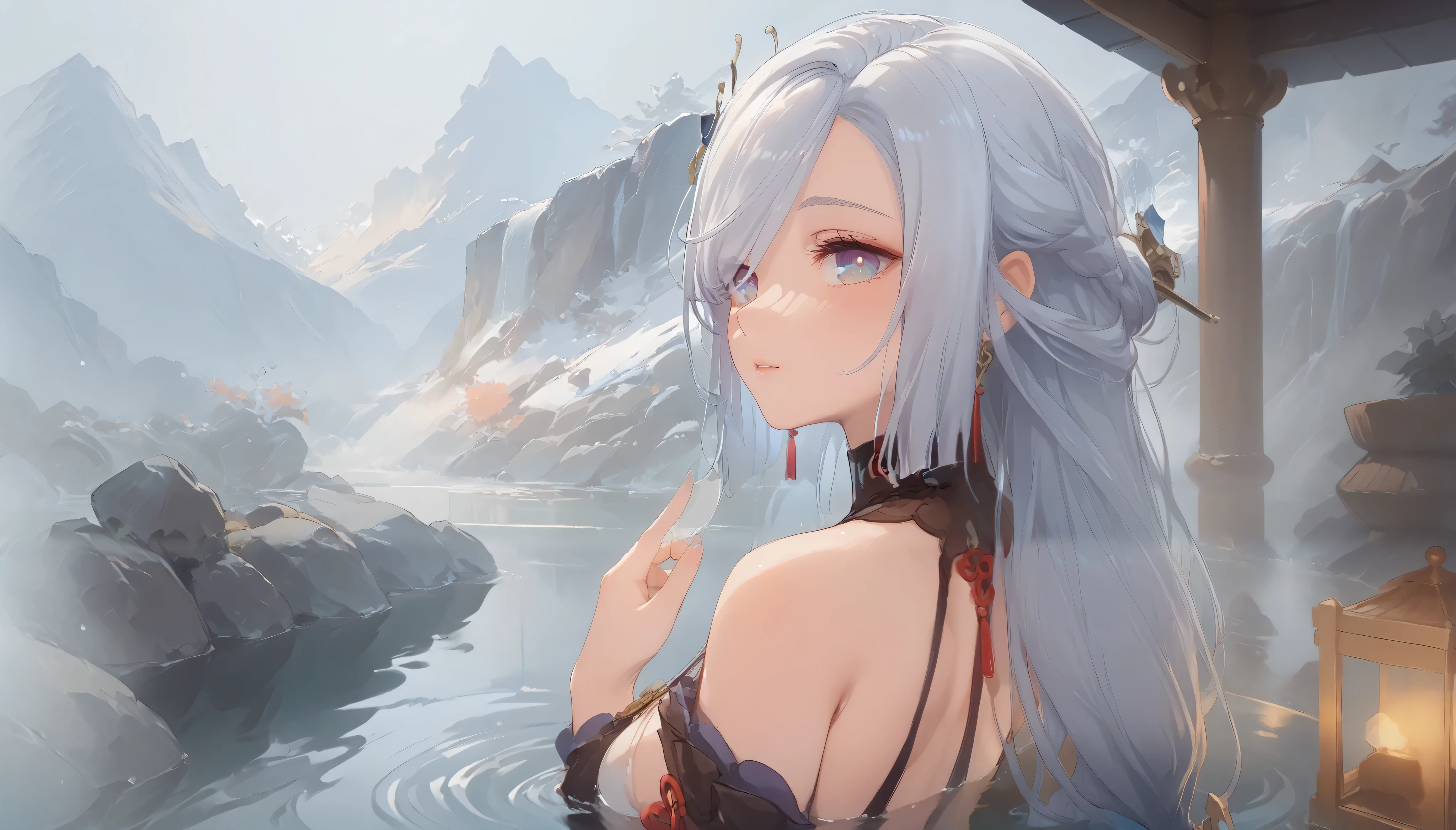  masterpiece， high resolution on the bench，Anime Art，Anime Numbers， 4k anime wallpaper，Soft Light， radiant skin， unique ， close-up shot ，An anime girl， blush，Soaking in a hot spring， silver hair ， Steaming ，gradient blue eyes，A distant view of a snowy mountain 