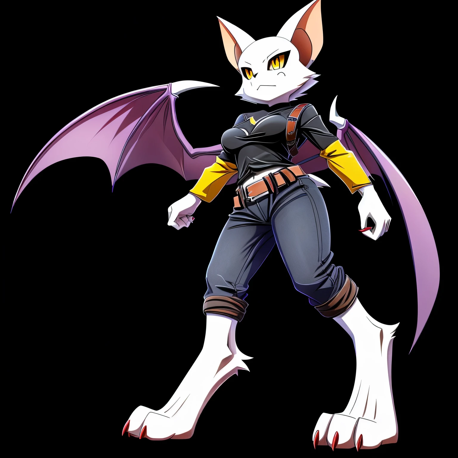 SFW version, anime, anime style, solo drawing, dynamic pose, ((three-quarter view)), ((looking to the side)), full body picture, Anthro bat character, ((tall character)), ((Fit figure)), ((white skin)), clawed hands, ((clawed feet)), ((huge bat wings)), ((Purple Bat Wings)), ((white bat ears)), ((wearing baggy black jeans)), exposed belly, ((wearing belts on arms)), ((wearing belts around calves)), ((wearing belts around thighs)), sexy outfit, black clothes, ((white face)), neutral expression, bright yellow eyes, ((digitigrade legs)), ((digitigrade feet)), solid black background, highly detailed anime style, clean lines, beautiful demoness, female demon, gorgeous demon girl, attractive bat girl, ((hourglass figure)), short muzzle, furry cheeks, furry muzzle