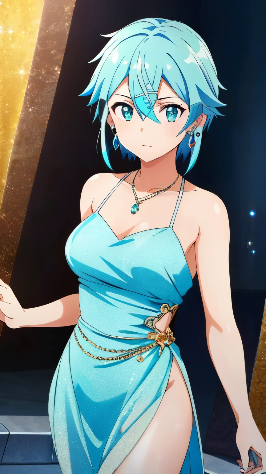 ( top quality, Masterpiece, 8k:1.2), ultra detail , high definition, 1 girl, Alone, EpsOA Shinon , short hair, light blue hair, Detailed Jewel Eye, hair between eyes , ( hair accessories:1.2), hair clip, side lock, short hair With Long Hair, ( dress, Sparkly dress, earrings, necklace, hole:1.1), dynamic angle, COWBOY SHOOTING , Watching Viewers ,