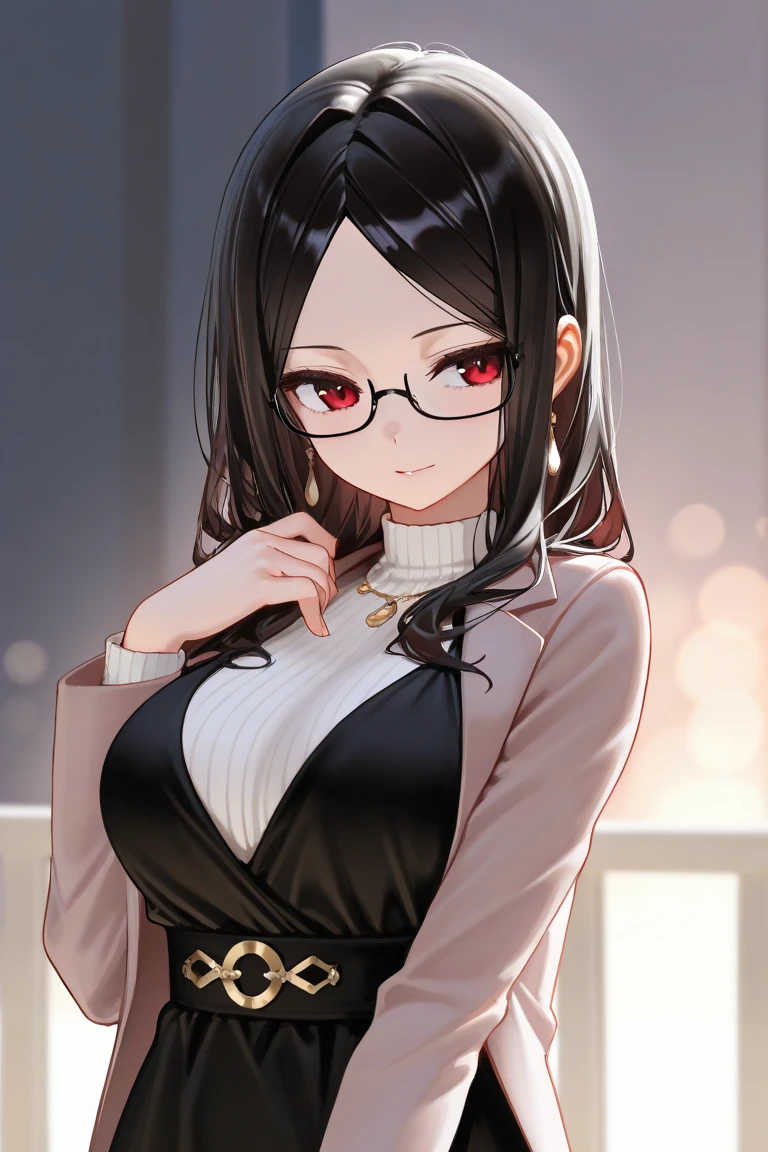 ((best quality)), ((masterpiece)), girl, dark parted hair, cute red eyes, elegant look, dark glasses, casual cool outfit, long dark hair, parted hair