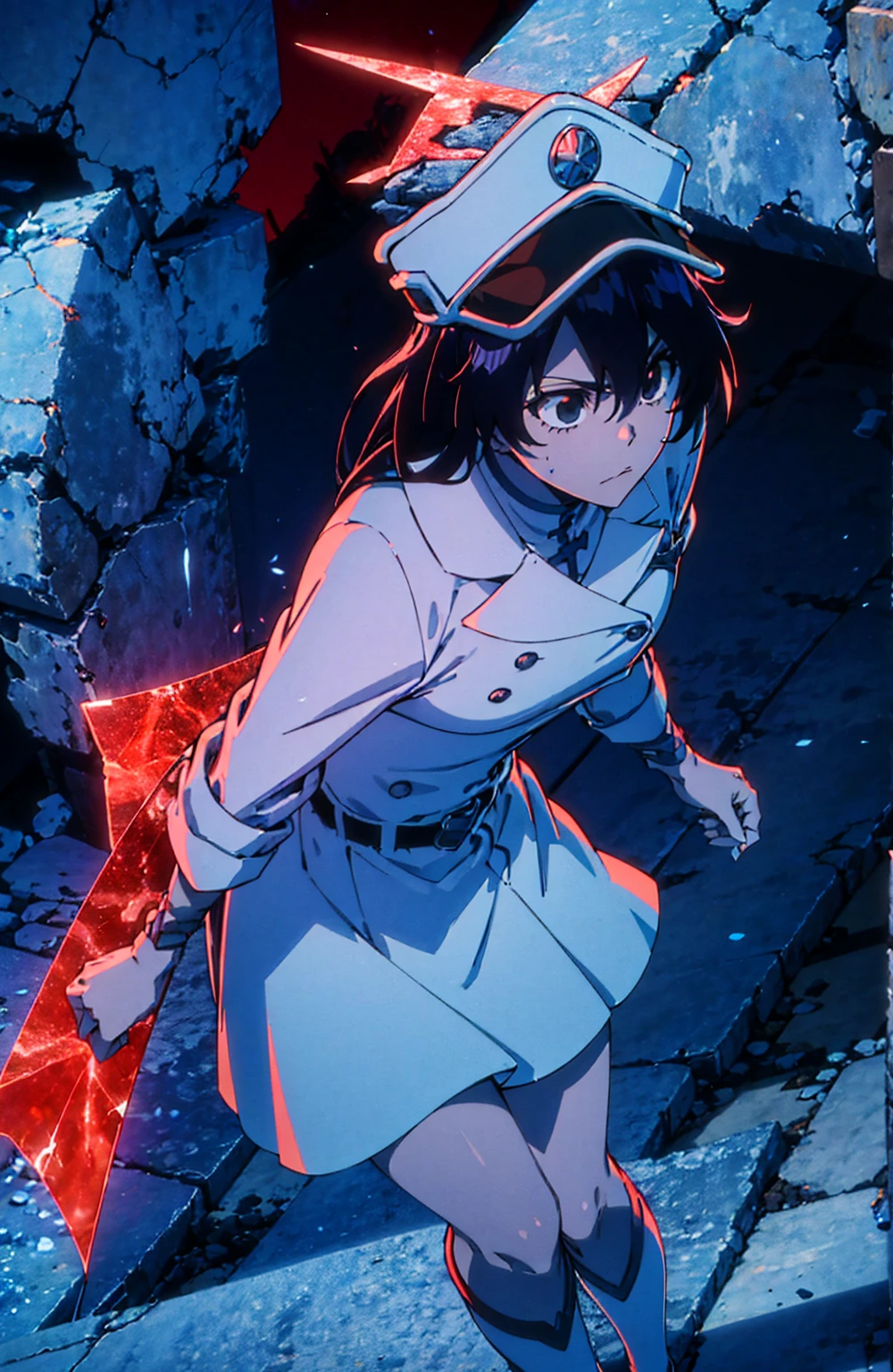 bambietta, flying, (burned ruined city:1.2), (blush:1.2), parted lips, kneels on ground, raining, blood on breasts, red eyes, hat, white military form, short white pleated skirt, upskirt, black lace panties, medium breasts, masterpiece, detailed, intricate details, belt,(black lace bra:1.2), from above, red glowing wings, big boobs, sperm on boobs