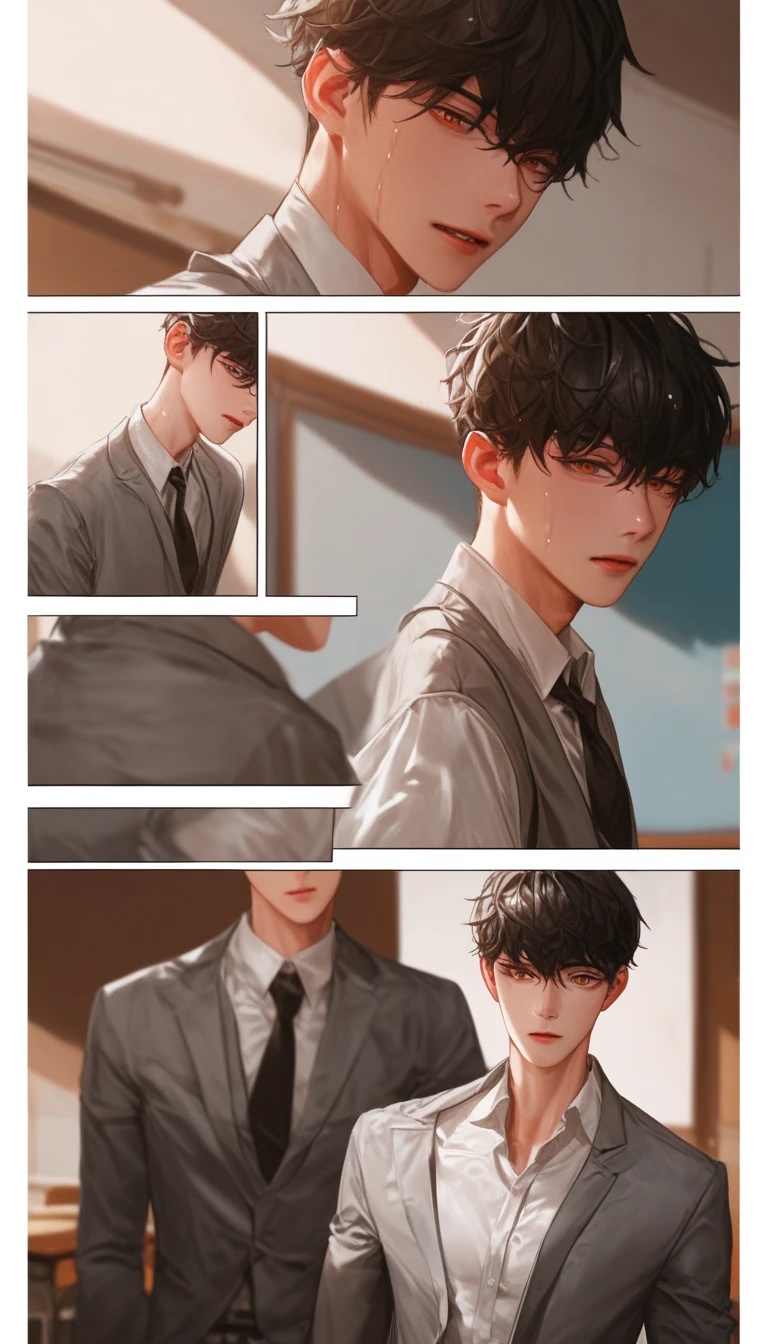  comic split lens，Multiple screen ： sunshine，Boy Couple  ，Two men，In the classroom，Gray suit, school uniform ， Korean comic style ，Lean on your shoulders， young and energetic， Good condition ，  Smooth Skin， Very handsome脸瓜子脸，龙Tattoo，  Korean comic style  ，muscle，  White Skin，Tattoo， Wet Hairstyle  ，pant ， Young Boy ，  Charming eyes  ， Very handsome， hands on shoulders。 The first image is here， The second image is the side face ，The third picture is the background 