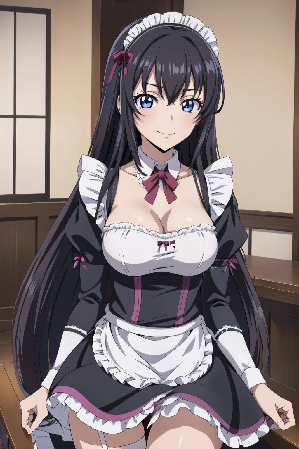 1 girl, cute, black hair, long hair,  hair band, (Pouring tea from a teapot), (smile), (Gothic coffee shop), ((maid)) ((maid)), (anime cels style, Masterpiece, best quality, high resolution, anime colored, anime style, anime key visual, sharp, 8k), beautiful blue eyes, (perfect detailed anatomy, perfect fingers, beautiful face, perfect legs) 