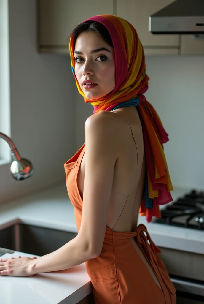 Woman cooking、age19、(Dressed naked with hijab,Wear a slim mini apron:1.3)、4K、((hight resolution、tmasterpiece、top-quality:1.3)),Fine skin、sharp focus、Soft lighting、dynamic ungle、(Detailed face:1.2)、(((In the kitchen))) Cute smile Viewer's Perspective Colossal tits tying hair Sleeveless Stretch your upper arms Stretch your shoulders cleanness Large kitchen Beautiful kitchen ((Beautiful straight wavy curls,By bangs)) put down hands,Prepare the coffee a little bit smile ((There is no fabric on the back of the apron、Cracks in the buttocks are perfectly visible.))((It's sex in the kitchen:1.3))(((This is a sex apron)))(((Cracks in the buttocks are perfectly visible)))((Stretch the buttocks further,Exposing cracks))at this、Very thick and rigid upright type available This is a very big one .. Juice overflows from the opening of the girl's vagina