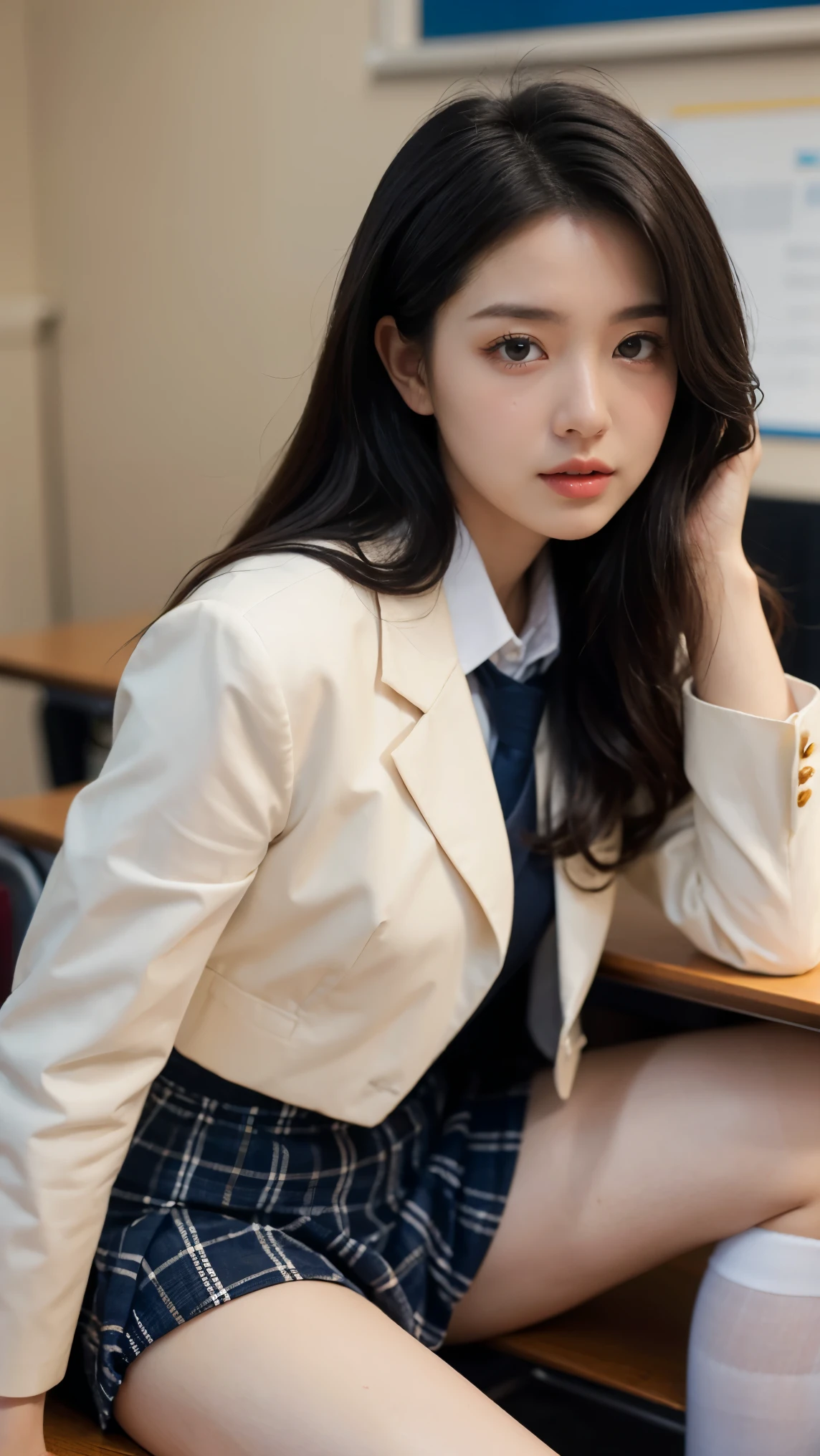 ((top quality, 8k, masterpiece: 1.3, raw photo)), Sharp Focus: 1.2, (1 aespa girl :1.2), (SOLO), (Realistic, Photorealistic: 1.37), (face focus: 1.1), cute face, ultra detailed face, small breasts, flat chest, short messy hair, (spread legs, school uniform, thighs, sheer fabric: 1.2), panties, small smile, cafe, sunlight, movie lighting