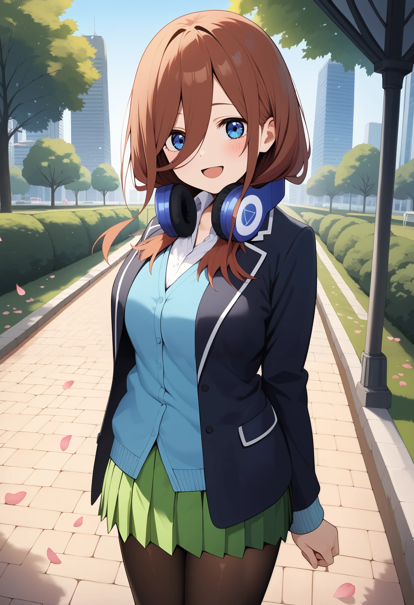 score_9, score_8_ up, score_7_ up, score_6_ up, score_5_ up, score_4_ up,  source_Anime, Amiku ,  long hair,  brown hair,  blue eyes,  headphones,  headphones around neck, chest,  white shirt,  light blue cardigan ,  blazer, black jacket,  or,   long sleeve  ,  pleated skirt,  green skirt ,  black pantyhose,  is standing,  COWBOY SHOOTING , Outdoors, Park, city,  petals, smile,  open your mouth,  reach,  lean forward,