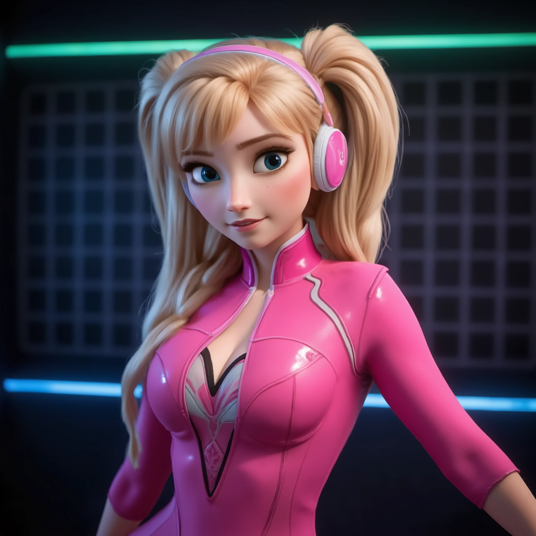 This is a vibrant high-resolution photograph of dis4nna, a short energetic woman dressed in a detailed pink cosplay outfit. She is portraying a white bunny themed character in a pink high-tech bodysuit. She has long, flowing, platinum blonde hair styled into twin tails. Her hair is sleek and shiny, and she has a youthful, cute face with large, expressive eyes and a small, delicate nose and mouth. Her outfit is a striking, futuristic pink jumpsuit made of shiny, latex-like material that clings to her body, accentuating her slim figure and ample cleavage. The jumpsuit features white and black accents on the chest. The outfit includes a high collar and long sleeves with white cuffs. She is wearing pink and white headphones with a futuristic design that match the overall theme of her costume. She is posed exuding a confident and playful demeanour. The background is dark with a subtle, neon-lit grid pattern, adding a sci-fi ambiance to the scene. The lighting is dramatic, with a mix of cool blue and warm pink hues, highlighting her and creating a striking contrast against the dark , slightly dark green lit backdrop. The overall image is vibrant and dynamic, capturing the essence of the character's personality and the playful, futuristic theme of the cosplay.