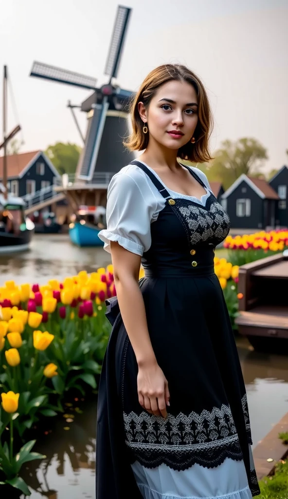 A young woman with striking features stands near the banks of a canal at Zaanse Schans, wearing a traditional German dirndl with an elaborate lace apron. Her flowing skirts ripple gently in the breeze as she looks over her shoulder, revealing a smile as radiant as the colorful tulip fields surrounding her. The iconic windmills in the background add depth to this picturesque moment.