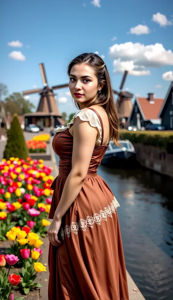 A young woman with striking features stands near the banks of a canal at Zaanse Schans, wearing a traditional German dirndl with an elaborate lace apron. Her flowing skirts ripple gently in the breeze as she looks over her shoulder, revealing a smile as radiant as the colorful tulip fields surrounding her. The iconic windmills in the background add depth to this picturesque moment.