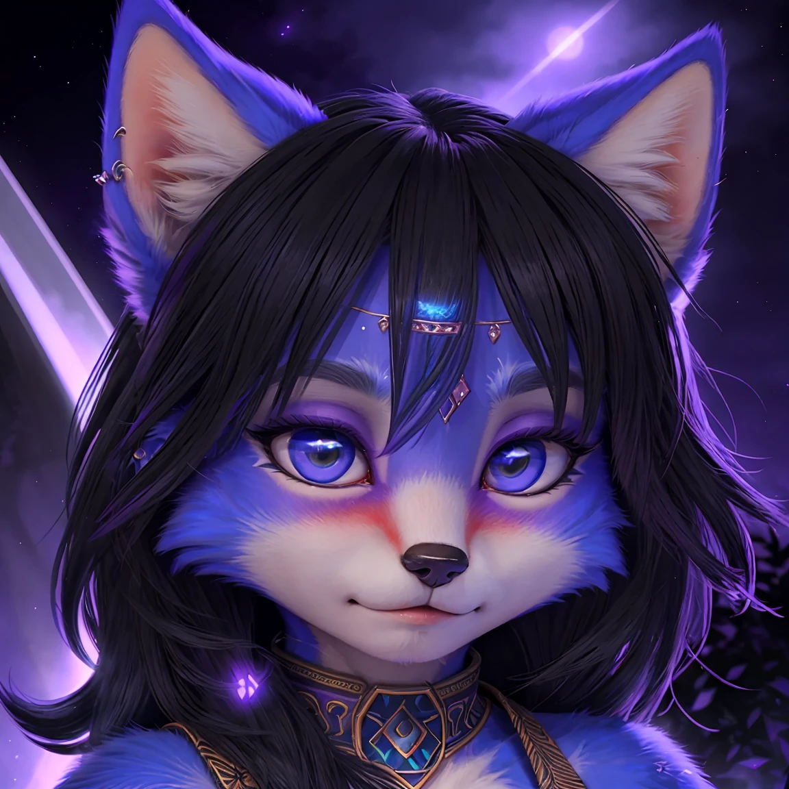 A beautiful and detailed (sweet portrait) von ((Krystal)), Sternenfuchs Krystal, Schlank, liebenswert, green eyes, medium breasts, (((Lange blaue Haare 1.3))),  ((schwarze haarspitzen)), Dekollete, Grinsen, hoch schauen,, anthro, Pelzig, Hochgeladen E621, detailed flauschige fur, (von Fluff-Kevlar, Bayard Wu, Personalami, Pino Daeni), detailliertes Gesicht, (flauschige), 1 girl, Allein,  Stammes-Kleidung, sweet girl, 
