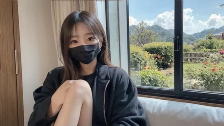  A young Taiwanese woman wearing a black mask。Big eyes and double eyelids ，Wearing a black jacket，She is sitting in a room with a large window , You can see the sunny scenery from outside 。