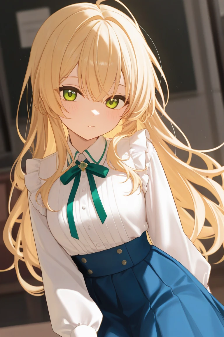 Blonde　 white shirt　 green eyes　 blue skirt　 long hair