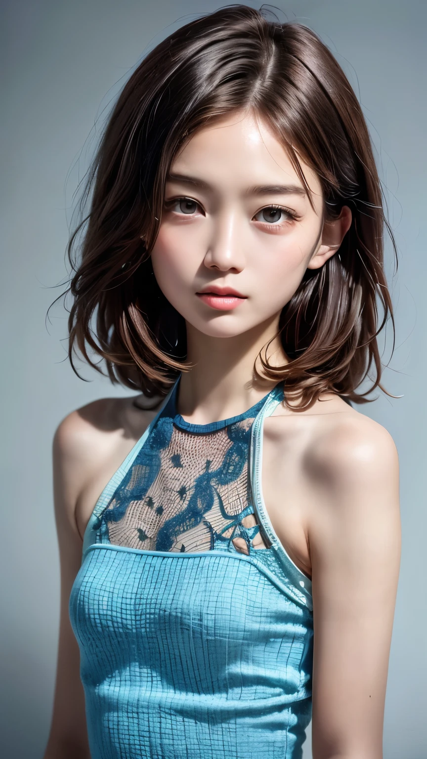 (masterpiece, highest quality:1.2), 8k, Absurd, (Upper Body:1.2), violet, Gardenia, beautiful girl, (Pretty face, Detailed face:1.2), (Crochet Halter Tank Top:1.2), View your audience, Film Grain, chromatic aberration, Sharp focus, High resolution, Face Light, (Simple Background, Dull Blue Background:1.3), cleavage