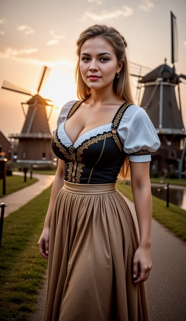 A striking young woman, adorned in a luxurious German dirndl with jeweled accents, poses amidst a row of windmills at Zaanse Schans during golden hour. The radiant sunlight enhances the rich textures of her dress and the intricate lacework on her sleeves. The tranquil surroundings amplify her regal poise, making her appear as if she stepped out of a fairytale.