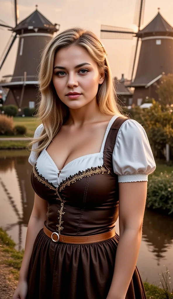 A striking young woman, adorned in a luxurious German dirndl with jeweled accents, poses amidst a row of windmills at Zaanse Schans during golden hour. The radiant sunlight enhances the rich textures of her dress and the intricate lacework on her sleeves. The tranquil surroundings amplify her regal poise, making her appear as if she stepped out of a fairytale.