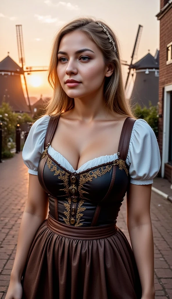 A striking young woman, adorned in a luxurious German dirndl with jeweled accents, poses amidst a row of windmills at Zaanse Schans during golden hour. The radiant sunlight enhances the rich textures of her dress and the intricate lacework on her sleeves. The tranquil surroundings amplify her regal poise, making her appear as if she stepped out of a fairytale.