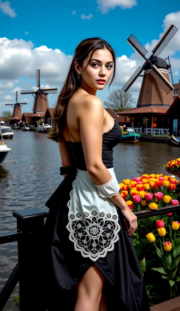 A young woman with striking features stands near the banks of a canal at Zaanse Schans, wearing a traditional German dirndl with an elaborate lace apron. Her flowing skirts ripple gently in the breeze as she looks over her shoulder, revealing a smile as radiant as the colorful tulip fields surrounding her. The iconic windmills in the background add depth to this picturesque moment.