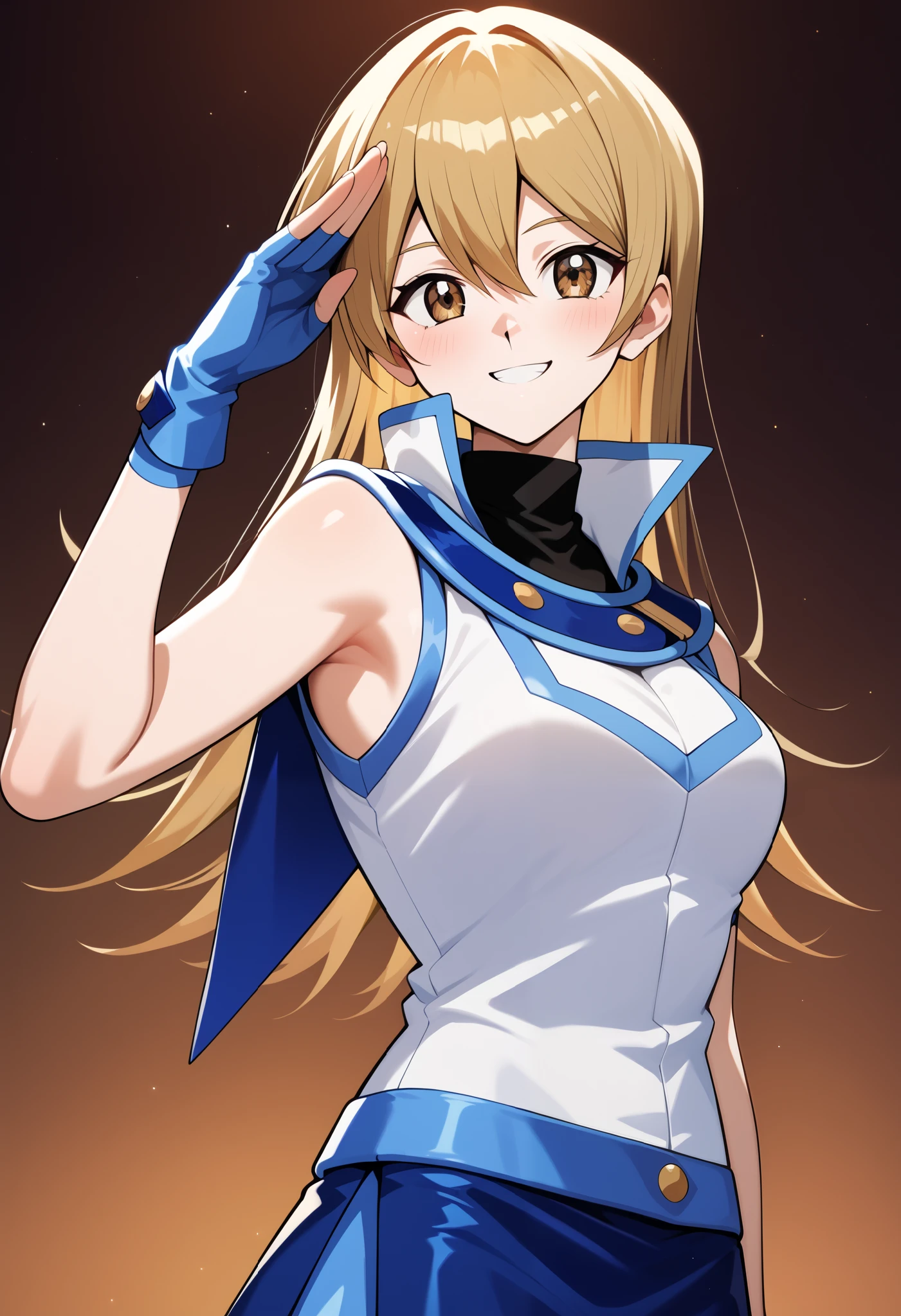 score_9, score_8_ up, score_7_ up, score_6_ up, score_5_ up, score_4_ up,  source_Anime, I have an aaasuka ,  long hair, Blonde,  brown eyes, chest,  turtleneck ,  white jacket, Sleeveless, Fingerless gloves, blue gloves,  miniskirt ,  blue skirt, smile, salute,