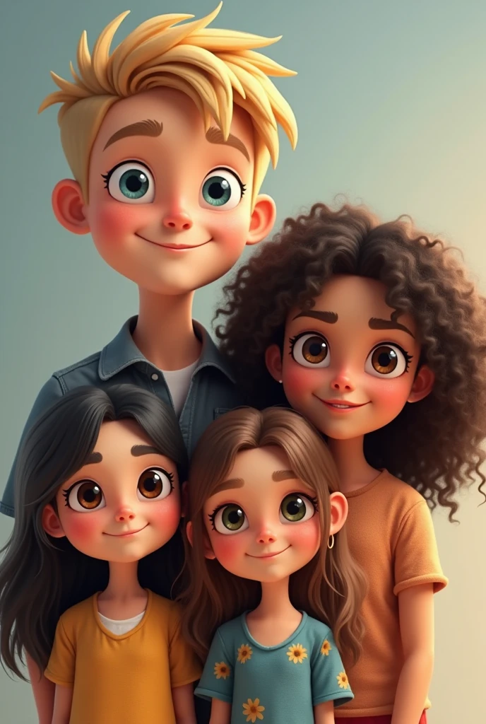 Creates the image of a curly-haired older brother, 2,
 Middle brother straight hair  Little sister straight hair  That same image but the brother with dark skin
