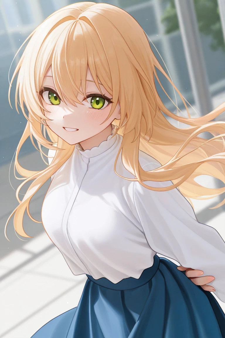 Blonde　 white shirt　 green eyes　 blue skirt　 long hair