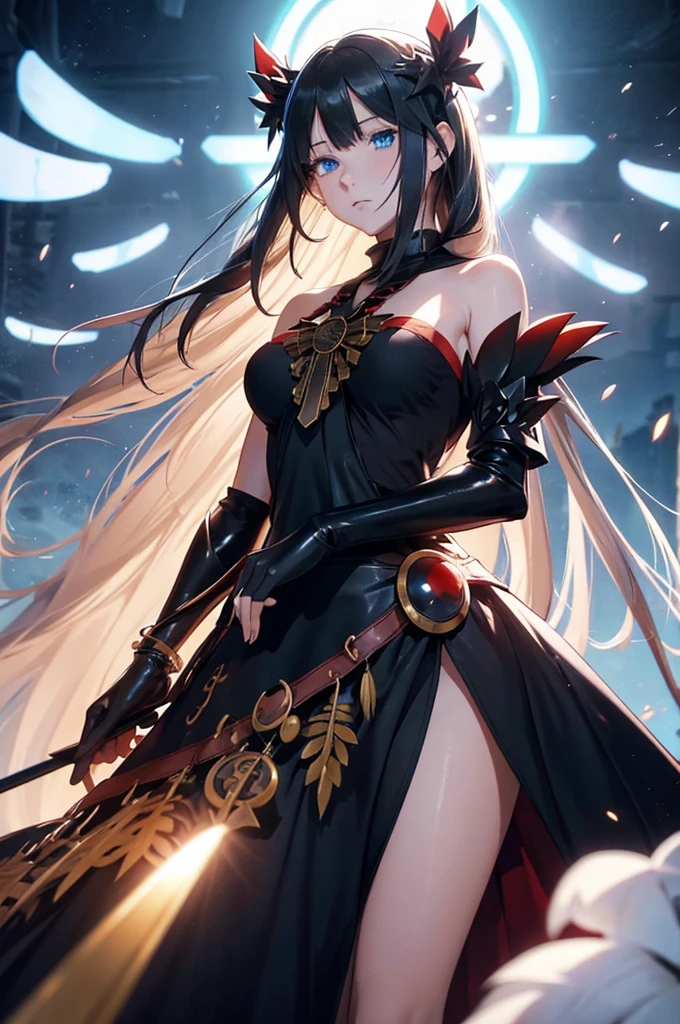 an anime is a type of animation which depicts human characters with supernatural powers and traits usually in a fantasy setting or at the center of an alternate storyworld, 1girl, breasts, solo, blue eyes, long hair, gloves, looking at viewer, dress, black gloves, bow, hair bow, detached sleeves, black hair, black dress, red bow, medium breasts