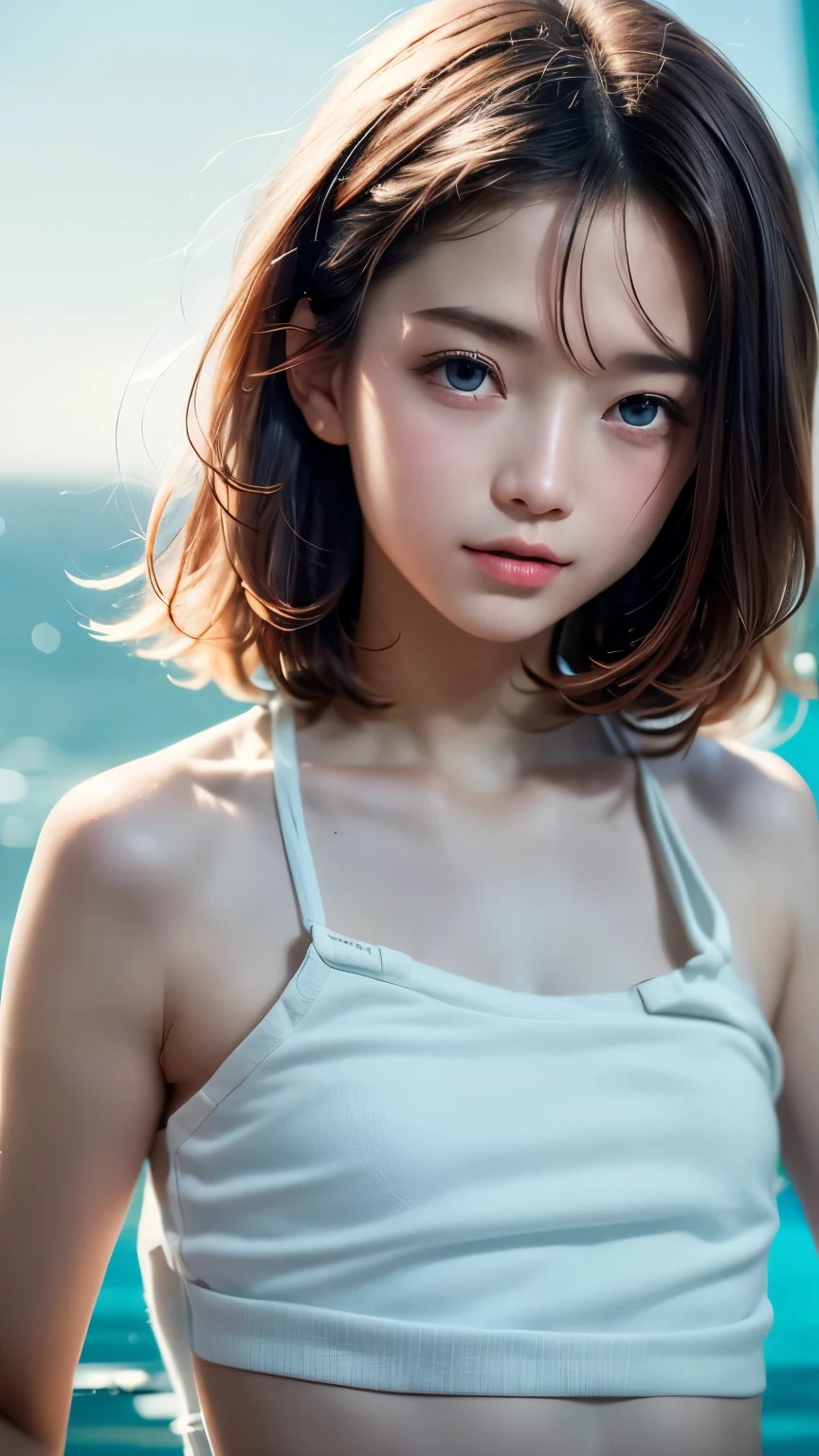 (masterpiece, highest quality:1.2), 8k, Absurd, (Upper Body:1.2), violet, Gardenia, beautiful girl, (Pretty face, Detailed face:1.2), (Crochet Halter Tank Top:1.2), View your audience, Film Grain, chromatic aberration, Sharp focus, High resolution, Face Light, (Simple Background, Dull Blue Background:1.3), (topless:1.7)