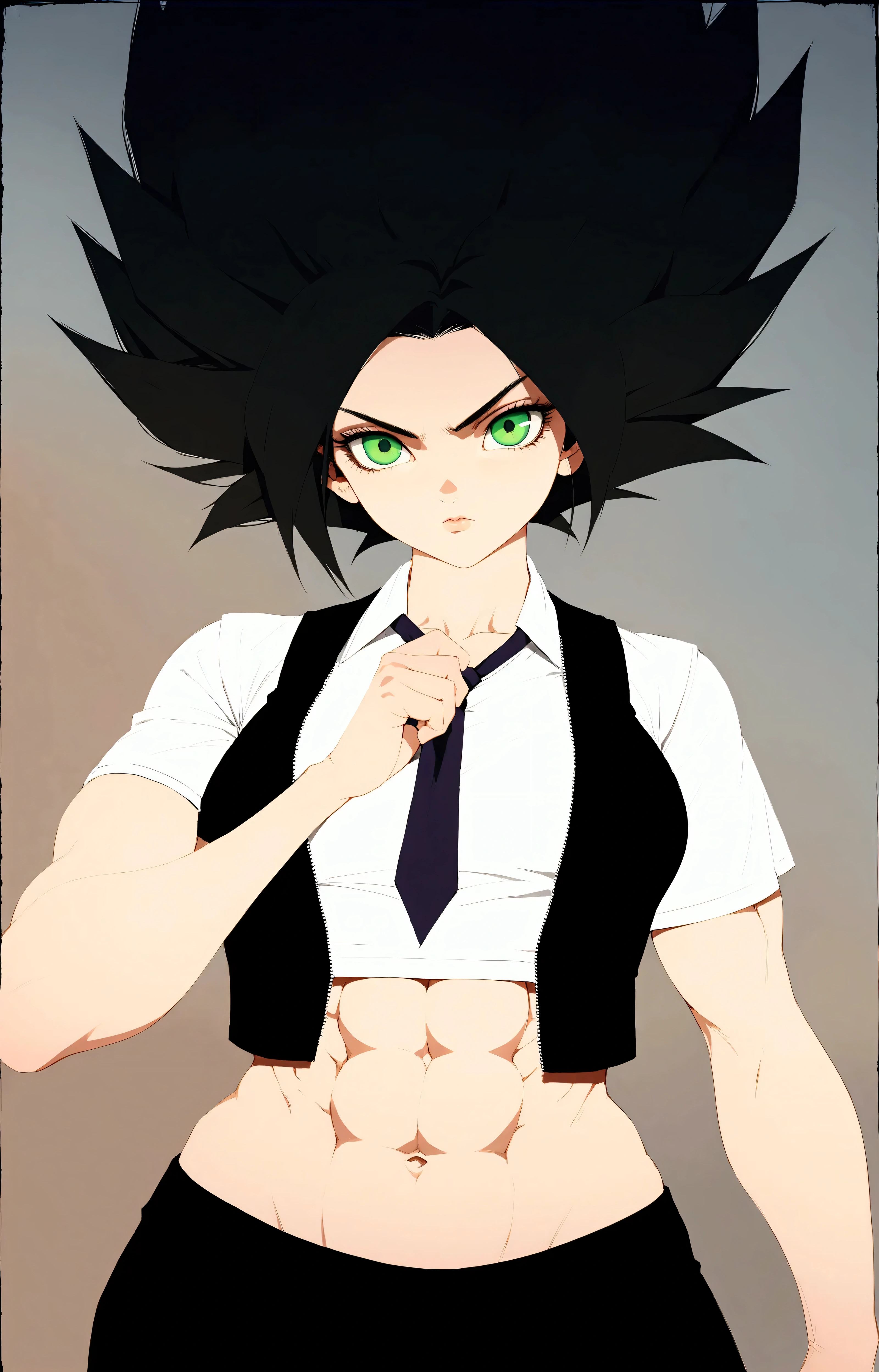 Female , athletic , ABS , full body, short white suit shirt , black open vest , black suit pants , small violet tie, visble ABS , short hair ,, perfect body , green eyes, side view, holding her tie, saiyan hair, black hair, green eyes, realistic shadows, serious, saiyan, , BRIGHT EYE