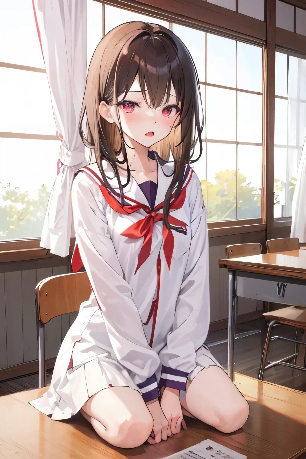 score_9, score_8_up, score_7_up, score_6_up, Very detailed illustrations, official art, Ultra Fine Illustration , super high resolution, one girl, blush, princess cut, long light brown hair, Asymmetrical bangs, chest, embarrassing, squinting, Slutty Girl , open her mouth , (sweat: 0.8), Completely naked, Beautifully Designed Window Frames, (curtain), Japanese School Uniform School Classroom ,