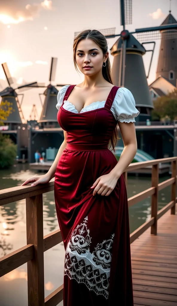 A stunning young woman dressed in a German-inspired dirndl with rich details of velvet and silk poses gracefully on a wooden bridge overlooking the iconic windmills of Zaanse Schans. The golden light of the setting sun highlights her rosy cheeks and the intricate lace of her dress, while gentle ripples in the canal below reflect the magical ambiance of the scene.