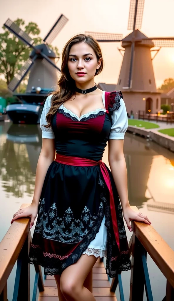 A stunning young woman dressed in a German-inspired dirndl with rich details of velvet and silk poses gracefully on a wooden bridge overlooking the iconic windmills of Zaanse Schans. The golden light of the setting sun highlights her rosy cheeks and the intricate lace of her dress, while gentle ripples in the canal below reflect the magical ambiance of the scene.