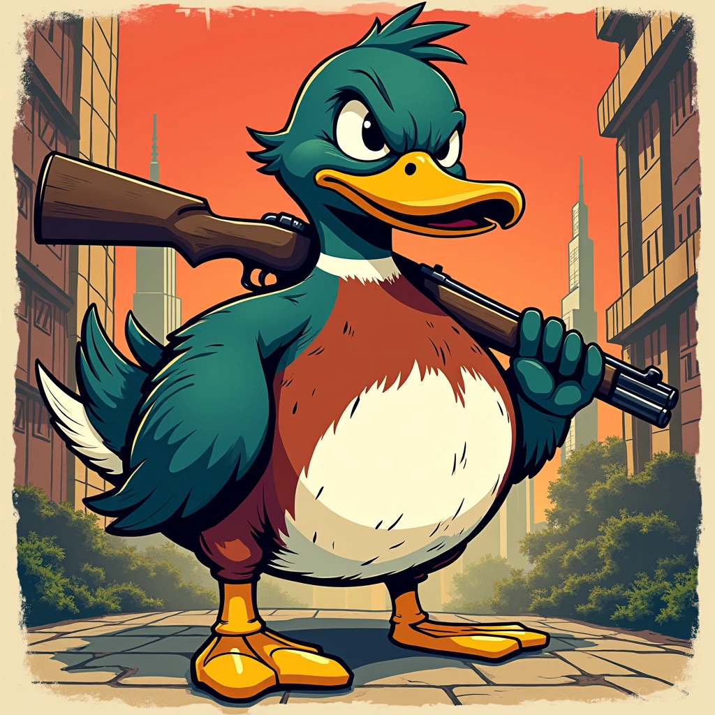 Cute duck,cyan,darkside,skull,cartoon,baseball brat in hand,street,gold,mystic
Touch,leather jacket,Baseball Cap,sunglasses,grafitti,scateboard,bandana,punisher,tank in background