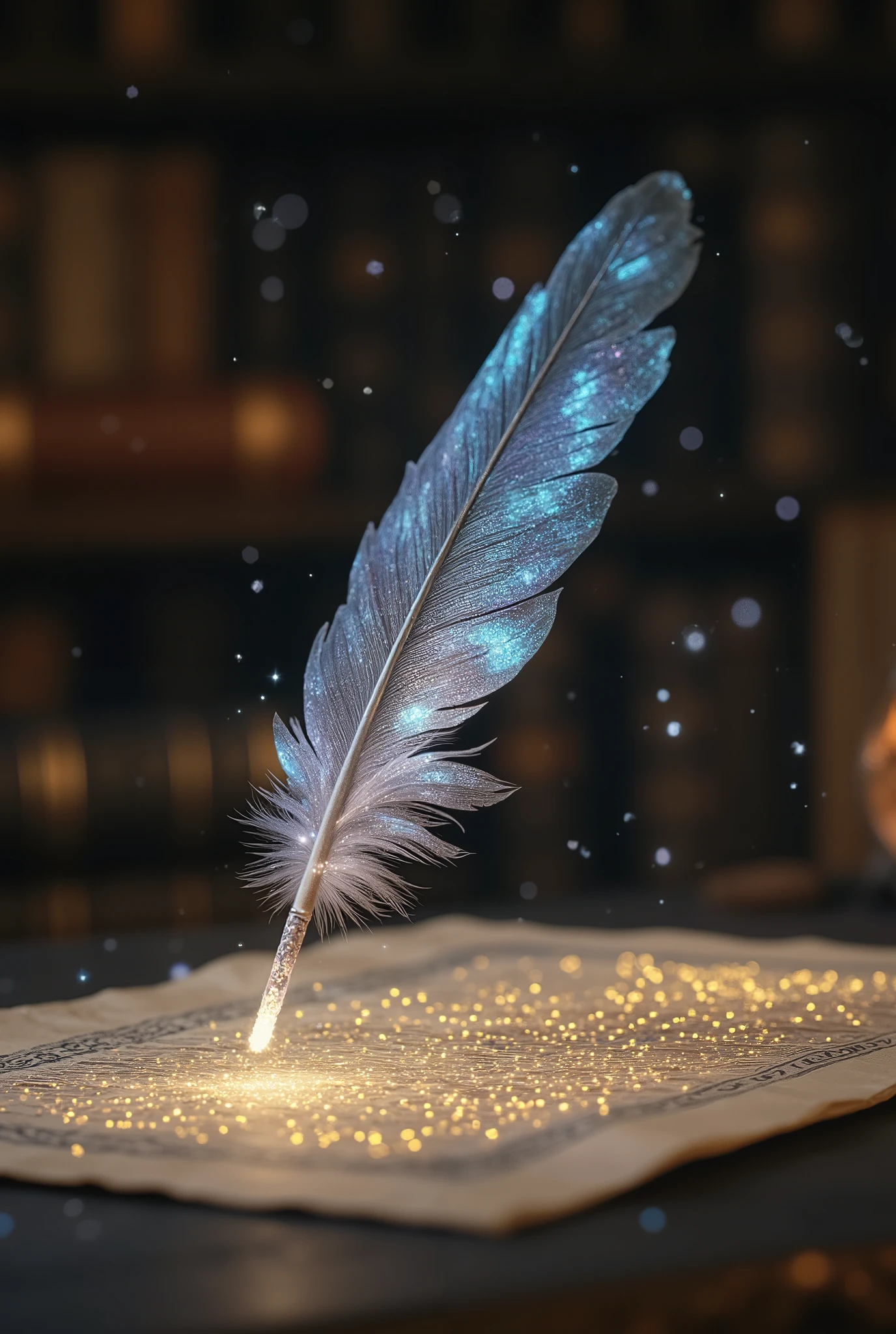 A hyper-realistic close-up of an enchanted quill, its feather shimmering with a soft, pearlescent glow in shades of blue and silver. The quillâs tip is made of fine crystal, sparkling as it hovers just above a parchment covered in glowing, golden runes. The background is a blurred, dimly lit study filled with ancient books and scrolls, creating a warm, scholarly atmosphere. Semi-transparent wisps of magical energy coil around the quill, enhancing its ethereal quality. Realistic shading and highlights emphasize the softness of the feather, with subtle variations in color that catch the light. The crystal tip of the quill refracts light, creating a delicate prism effect on the parchment. One glowing rune pulses faintly as the quill hovers, poised to continue writing its mystical script.