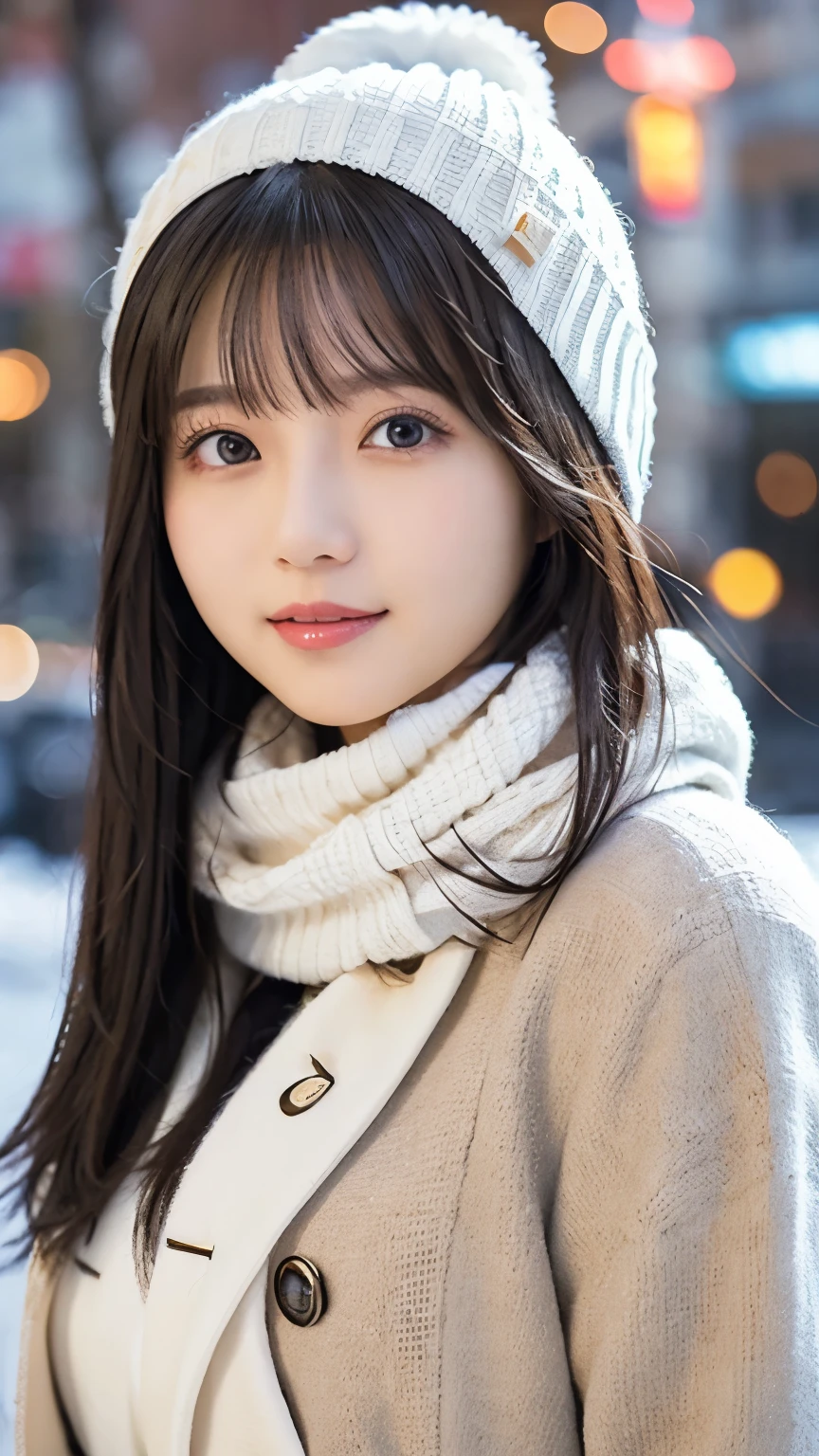 White knit hat, White coat, oversized white scarf, Winter cityscape,  girl, busty,  black hair,  straight hair,  with bangs, 's greatest masterpiece,  professional lighting