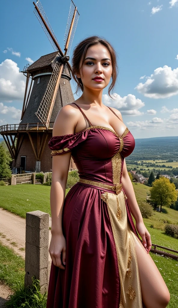 Near a towering windmill, a woman with a regal presence wears a German-inspired dress featuring layers of fabric in deep burgundy and gold tones. The intricate embroidery on her dress matches the rustic charm of the wooden windmill and the lush greenery around her. Her pose is confident, as if she belongs to this timeless landscape, with the vibrant blue sky stretching endlessly above.