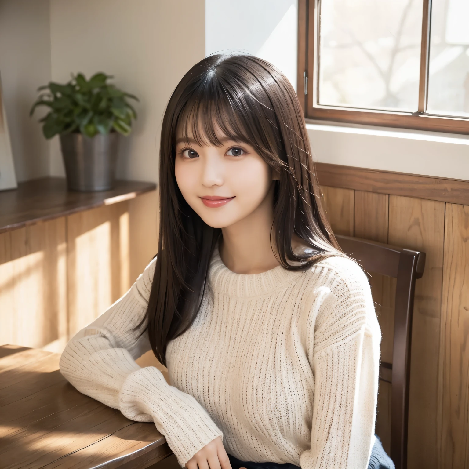 Soft knitted sweater , A bright room with natural light, Window,  Stylish Furniture , Composition above the chest,  natural smile ,  staring out of the window,  serene and warm atmosphere,  girl, busty,  black hair,  straight hair,  with bangs, 's greatest masterpiece,  professional lighting