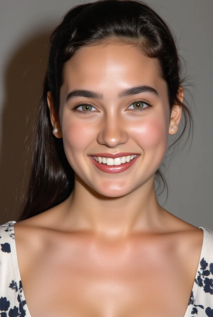 upper body shot, She is facing at the viewer directly from the front straight-on., The frame covers just the top of her head down to her décolletage., She is a beautiful girl., Jennifer Connelly, ((17-year-old)), plump cheeks, smiling, she has a smooth pale skin., Her lustrous black hair is cut in pony tail, both her ears is exposed., Her eyes are glossy dark green., She is smiling tenderly.,