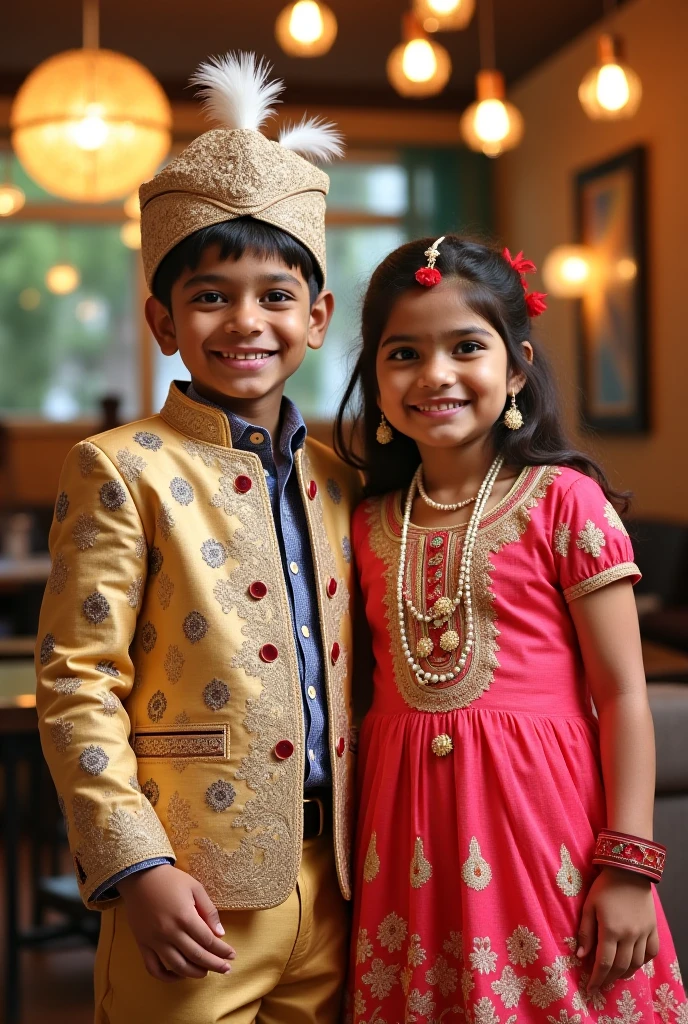 A indian girl and boy both wearing rakhi on their hands and white shirt with design on boy is name vansh and design on girl shirt is name shivu