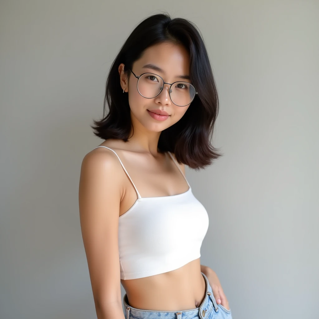 (very natural: 2.5), (POV), Best Quality, 16k, Masterpiece: 2.0, perfect hands and face, (ultra-realistic image of a woman), (clear environmental details), (very young), cute German woman with medium length black hair, white crop top, long light blue jeans, (glasses), (without make-up: 2.5), (thin lips), (small fingernails), (natural small breasts), (more feminine body), smile, close-up