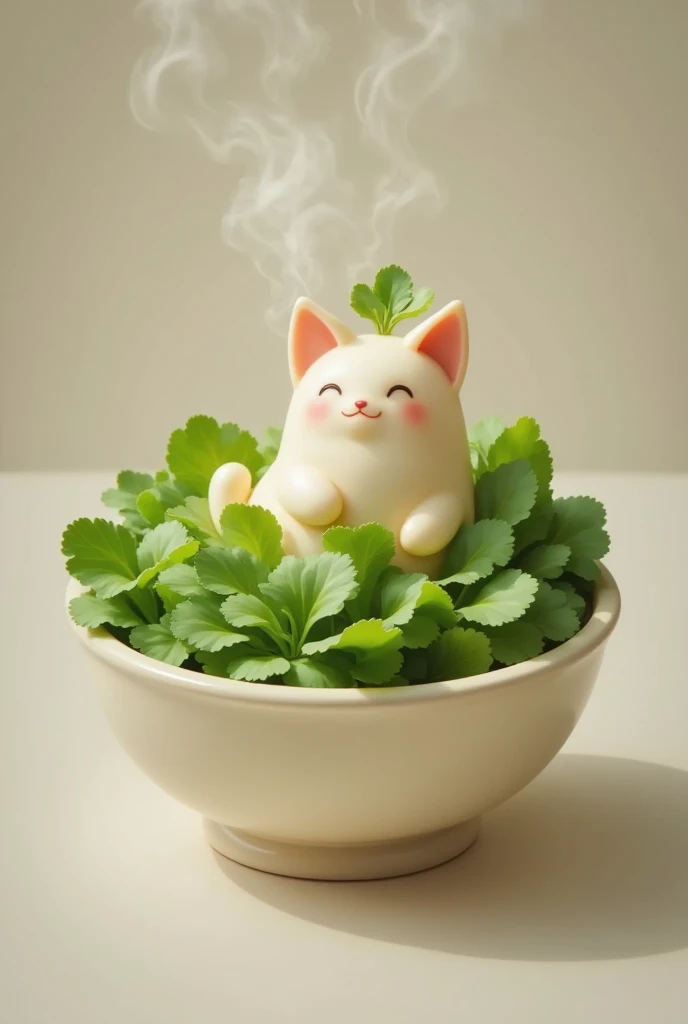 (Masterpiece,  top quality,    detailed explanation   ,  Stunning high resolution  ,   Please place the photo image   ),白い大根の形をしたManju,   looks delicious,   steam , Green leaves ,Manju,Looks hot 、Tail、cat ears、Angel Wings、Brothers and sisters