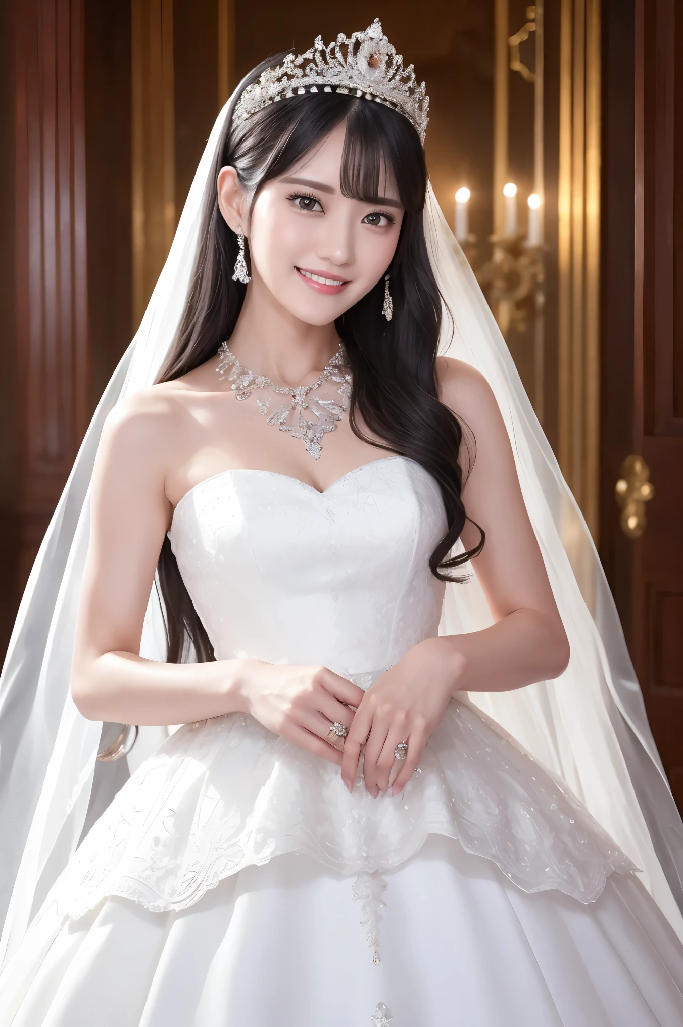 (highest quality、Tabletop、8k、Best image quality、Award-winning works)、One beautiful bride、(alone:1.1)、(The most extravagant and luxurious huge wedding dresses:1.1)、(Perfect Wedding Lace:1.2)、(The most luxurious and luxurious giant tiara:1.1)、(The most luxurious and luxurious giant necklace:1.1)、Look at me with your best smile、A large amount of the finest jewelry、Full Body Photo、Perfect Makeup、Long eyelashes、Ultra-high definition sparkling eyes、Ultra HD Hair、Ultra High Resolution Glossy Lips、Ultra High Resolution Perfect Teeth、Super high resolution beautiful face、(Accurate anatomy:1.1)、(Very bright and beautiful skin:1.2)、(very bright and vivid:1.2)、Short bridal hairstyle、A gorgeous and elegant church、Gorgeous beautiful church
