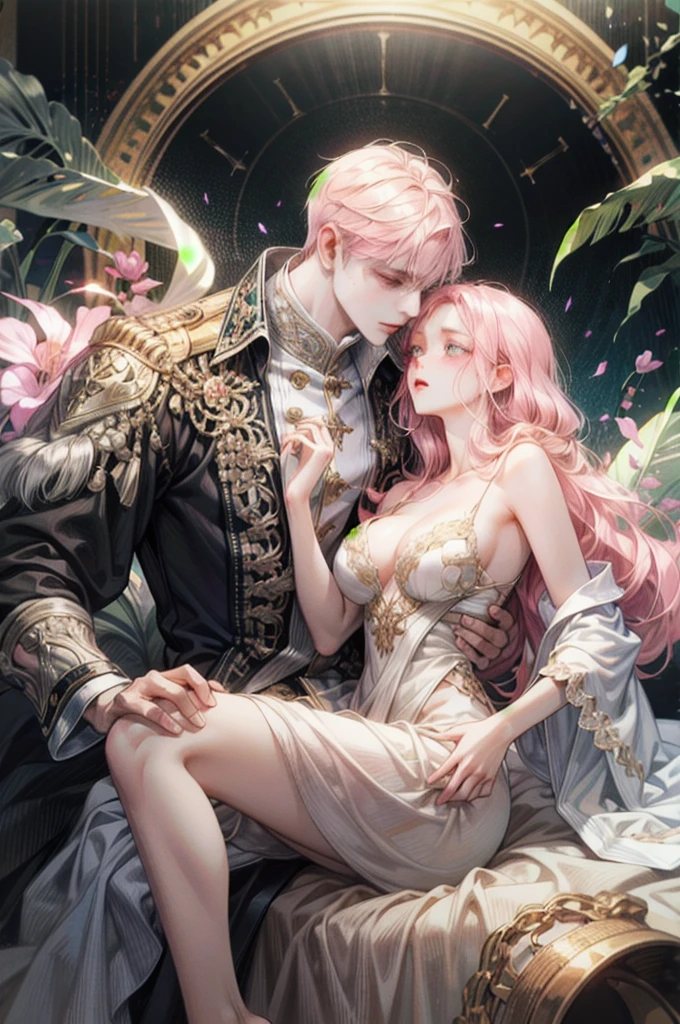 ((1male people:Piercing in one ear only,、(Golden hair)、tall、tall、Tall、a handsome、refreshing、burly))、((1female:Pink hair、Long、short、Best style、F-cup、see-through sexy dress、Beautuful Women))、(((a couple、Flirting)))、{(Best Quality, 8K, masutepiece, nffsw, Soft lighting, image perfect, Digital Illustration, manhwa art, super detailed image, Perfect lines, Realistic)}