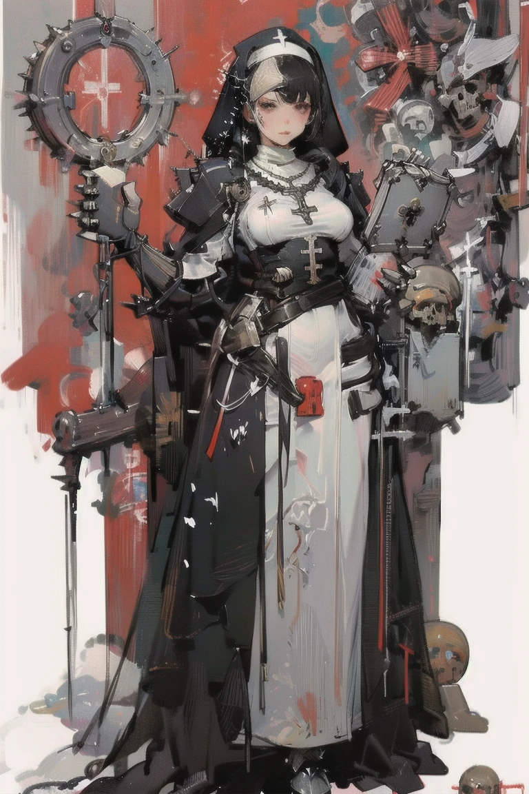   female 1,  High Definition Art , Girl in armor,  big breasts:1.2,   holding a sword and shield  , gigantic breast, a nun with a black veil  ,  Chibi, armor,  full body, glass,  a nun with a black veil