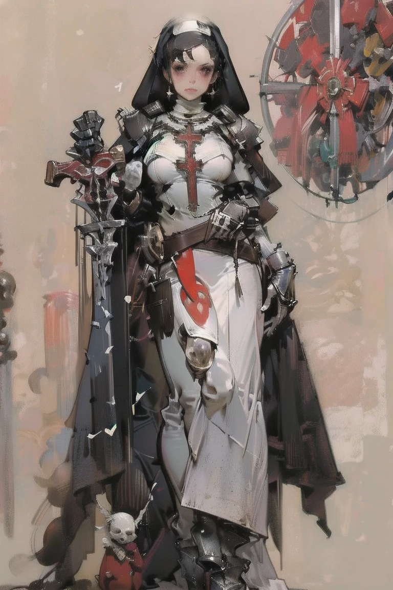   female 1,  High Definition Art , Girl in armor,  big breasts:1.2,   holding a sword and shield  , gigantic breast, a nun with a black veil  ,  Chibi, armor,  full body, glass,  a nun with a black veil