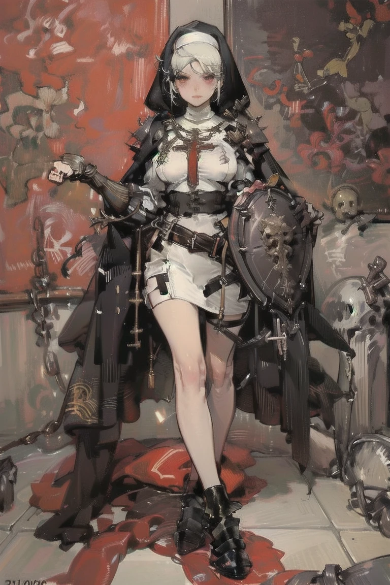   female 1,  High Definition Art , Girl in armor,  big breasts:1.2,   holding a sword and shield  , gigantic breast, a nun with a black veil  ,  Chibi, armor,  full body, glass,  a nun with a black veil