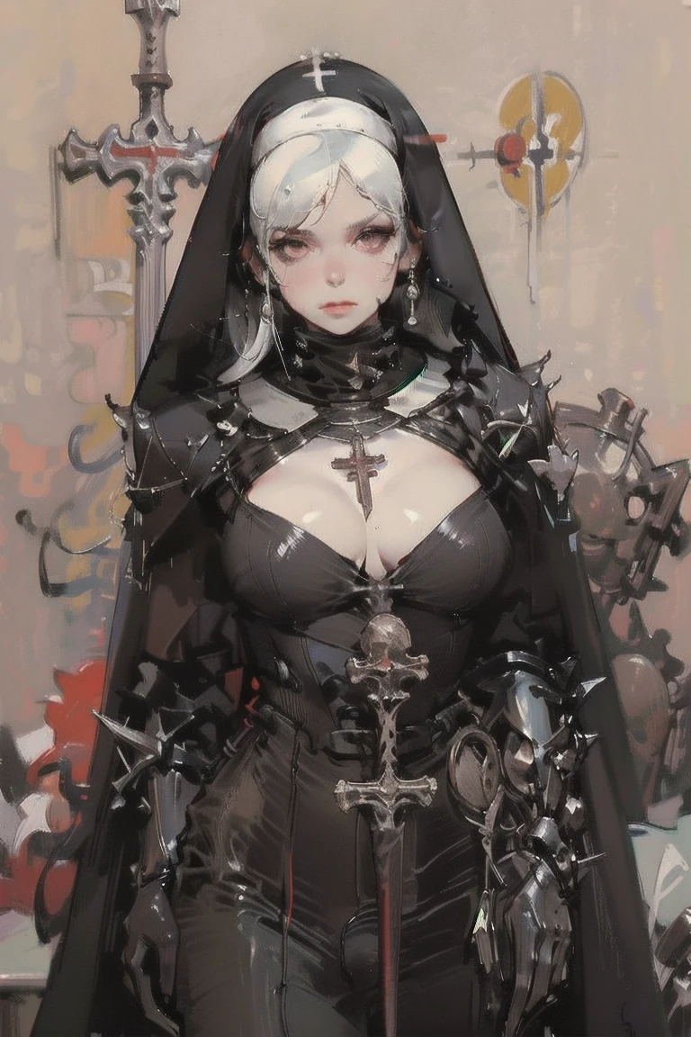 female 1, High Definition Art , Girl in armor, :1.2, holding a sword and shield , gigantic , a nun with a black veil , Chibi, armor, full body, glass, a nun with a black veil
