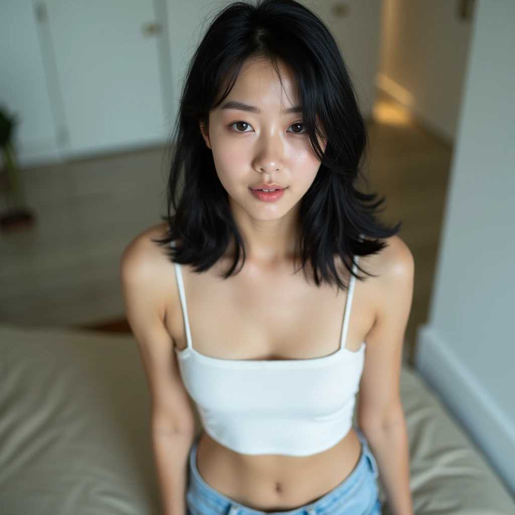 (very natural: 2.5), (POV), Best Quality, 16k, Masterpiece: 2.0, perfect hands and face, (ultra-realistic image of a woman), (clear surrounding details), cute, (JAV style: 2.0), (K-ldol: 2.0), Asian woman with medium-long black hair, white crop top, long light blue jeans, (glasses), (without make-up: 2.5), thin lips, small fingernails, natural small breasts, more feminine body, smile, her face, neck and upper body can be seen from a bird's eye view, up close, photographed from the front with the whole body,