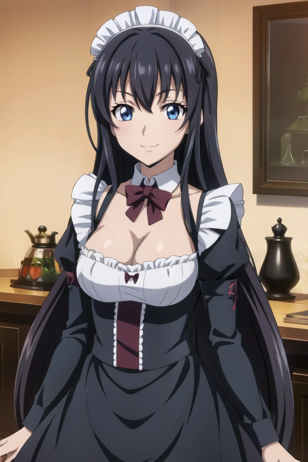 1 girl, cute, black hair, long hair,  hair band, (pouring tea by teapot),  (smile), (Gothic coffee shop), ((maid)) ((maid)), (anime cels style, Masterpiece, best quality, high resolution, anime colored, anime style, anime key visual, sharp, 8k), beautiful blue eyes,