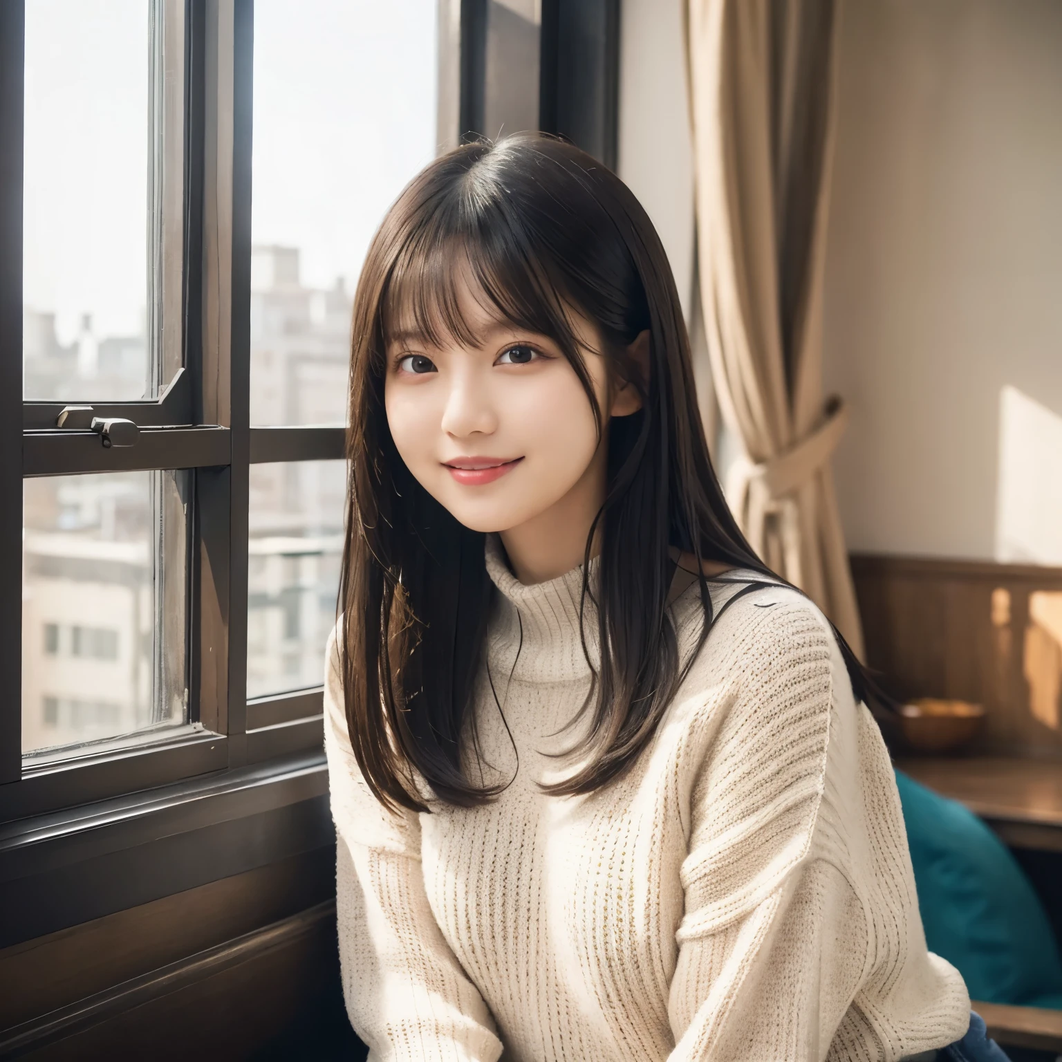 Soft knitted sweater , A bright room with natural light, Window,  Stylish Furniture ,  Yan Photo,  natural smile ,  staring out of the window,  serene and warm atmosphere,  girl, busty,  black hair,  straight hair,  with bangs, 's greatest masterpiece,  professional lighting