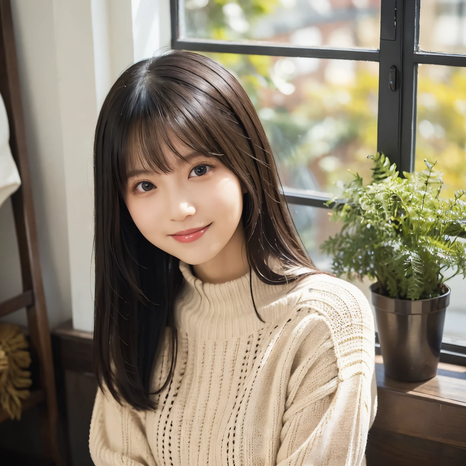 Soft knitted sweater , A bright room with natural light, Window,  Stylish Furniture ,  Yan Photo,  natural smile ,  staring out of the window,  serene and warm atmosphere,  girl, busty,  black hair,  straight hair,  with bangs, 's greatest masterpiece,  professional lighting