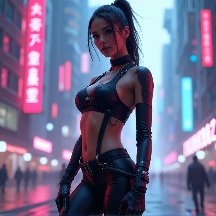 (8K, Best quality, Masterpiece: 1, 2), (Realistic, photograph realistic: 1,37), Top quality, Masterpiece, Skinny 1 girl Negona upper body photo (Photo realistic),A cyberpunk girl with green eyes and shiny blue hair stands against a backdrop of a futuristic cityscape. She wears a sleek, metallic blue bodysuit that shimmers under the neon lights. The city behind her is a blend of towering skyscrapers and neon signs, pulsating with vibrant colors